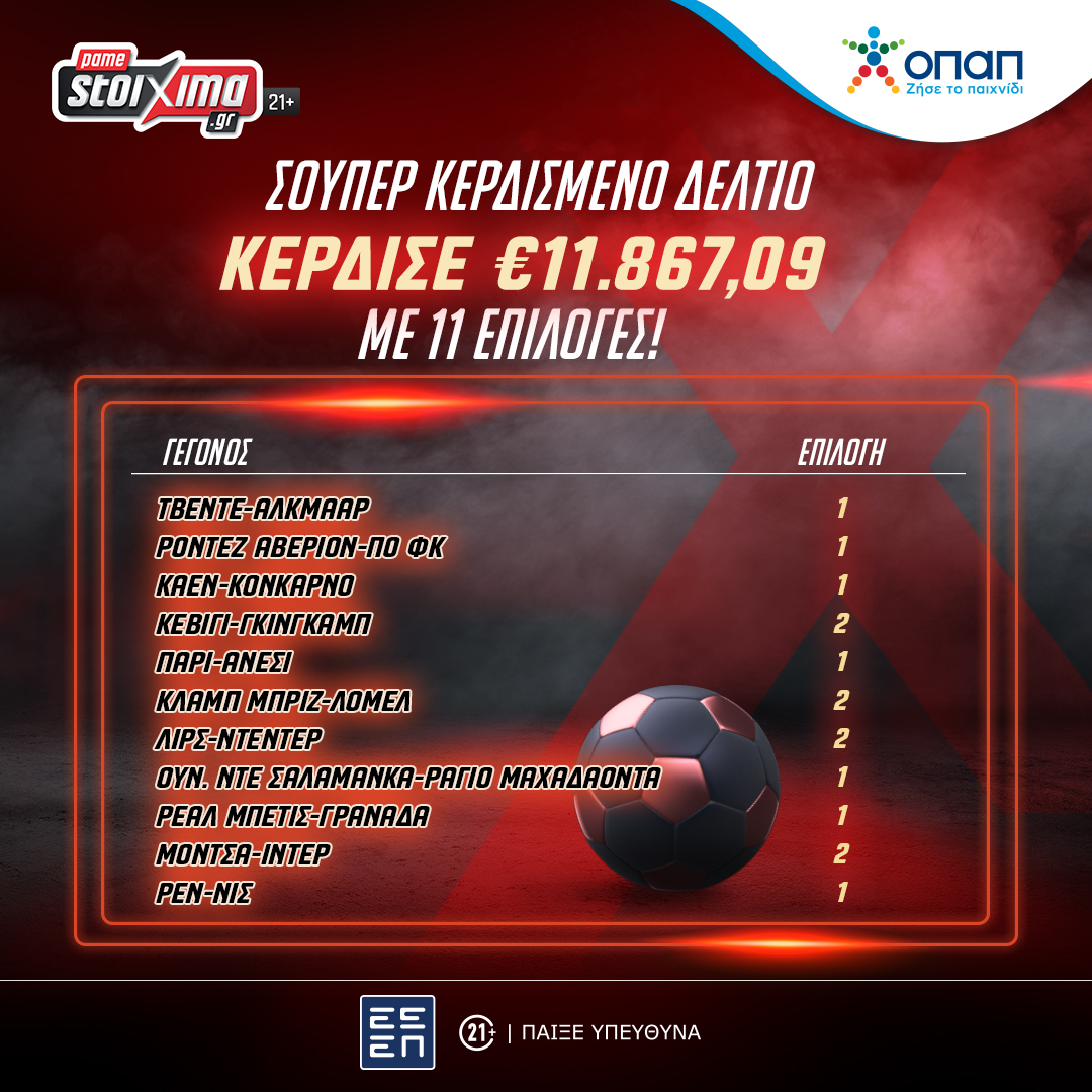 Pamestoixima.gr: Κέρδισε €11.867,09 με 11 στοιχηματικές επιλογές!