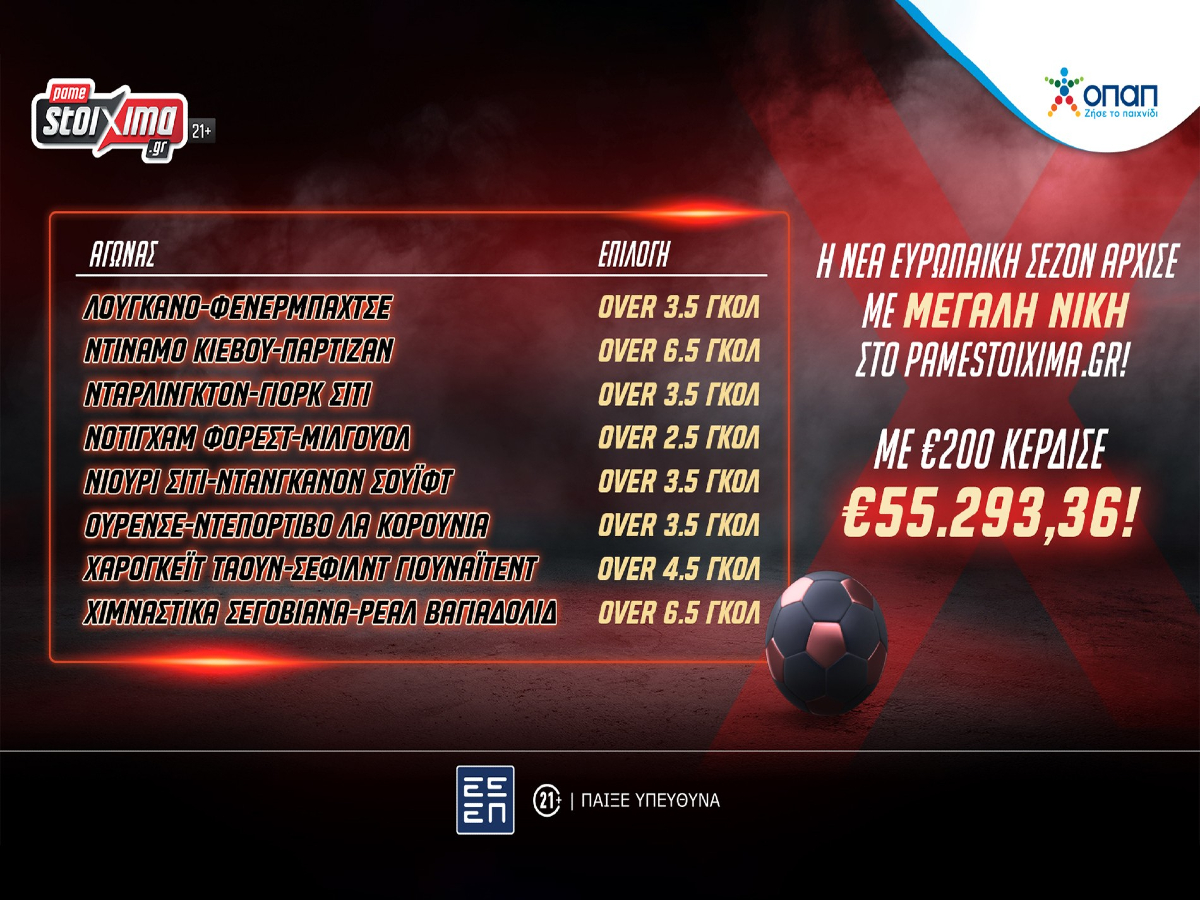 Η νέα ευρωπαϊκή σεζόν άρχισε δυναμικά στο Pamestoixima.gr, με ένα μεγάλο τυχερό να κερδίζει €55.293,36!