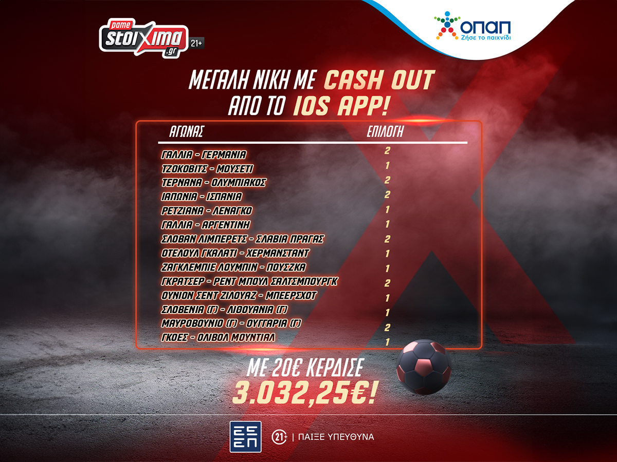 Μεγάλη νίκη στο στοίχημα: Έκανε cash out από το iOS App και κέρδισε €3.032,25!